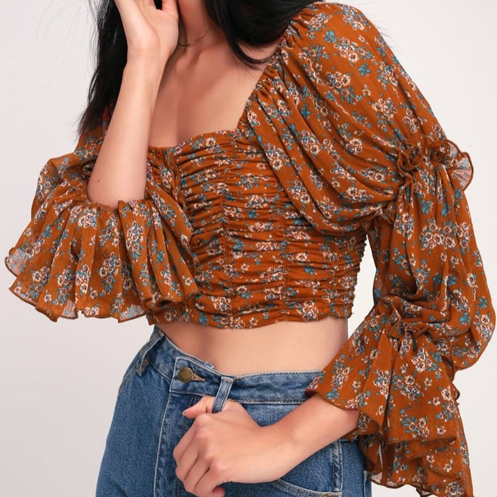 Lulus Kamila Crop Top Long Sleeve Ruched Brown Floral Button Front Sheer Small
